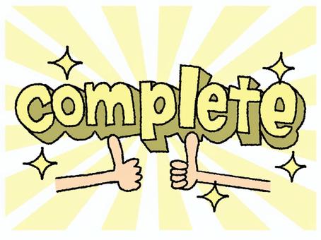 complete complete,文字絵,立体,完了,サムズアップ,キラキラ,pop調,手描き,挿絵,ワンポイントのイラスト素材