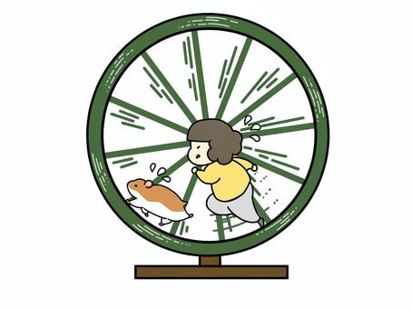 回し車の中で走る人（ハムスターあり） 回し車,運動,無意味,エクササイズ,ダッシュ,ゆるい,ハムスター,全速力,走る,無駄のイラスト素材