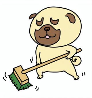 デッキブラシで掃除をするパグ パグ,フォーン,鼻ぺちゃ犬,かわいい,ゆるい,手描き,デッキブラシ,磨く,擦る,掃除当番のイラスト素材