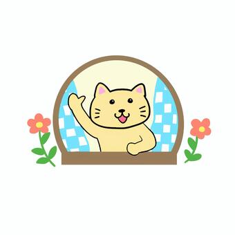 窓辺で挨拶するねこ ねこ,動物,キャラ,ポップ,かわいい,窓辺,窓,挨拶,おはよう,こんにちはのイラスト素材