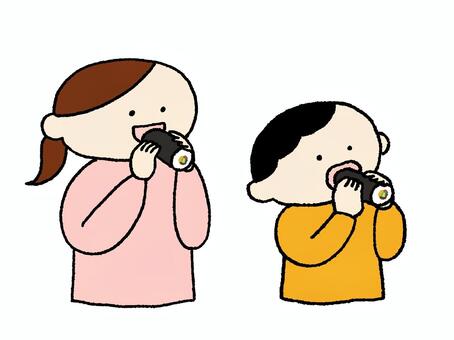 恵方巻きを食べる親子 恵方巻き,節分,親子,家族,子ども,食事,日本文化,行事,風習,巻き寿司のイラスト素材