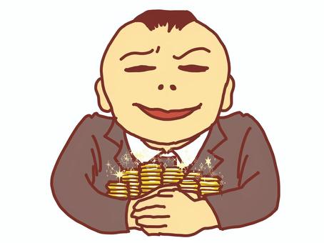 財産を独占する爺のイラスト(壟断 人物,男性,壮年,スーツ,がめつい,独占,財産,金貨,欲深,執着のイラスト素材