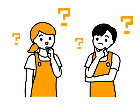 考えるエプロン姿の男女01 人物,男性,女性,20代,30代,40代,疑問,はてな,考える,飲食店のイラスト素材