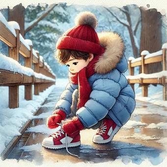 靴ひもを結ぶ少年 靴ひもを結ぶ少年 冬,雪,子供のイラスト素材