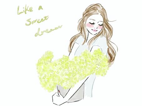 花を抱える恋するロングヘアの女性 女性,花,ロングヘア,笑顔,恋,はにかむ,幸せ,恋愛,ときめく,華やかのイラスト素材