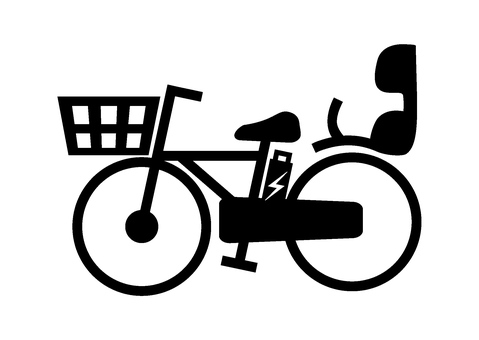 子供乗せ電動自転車のアイコン 電動自転車,バッテリー,自転車,子供乗せ,二人乗り,かご,補助いす,ベクター,黒,シンプルのイラスト素材