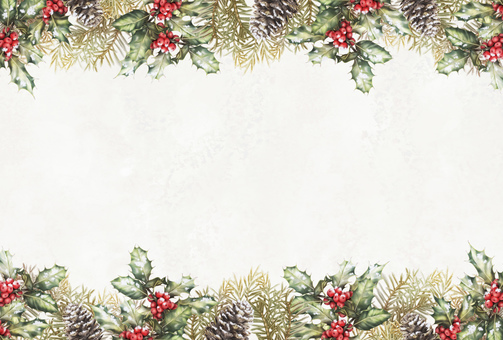 ヒイラギとモミの木のクリスマスフレーム クリスマス,12月,冬,植物,もみ,ヒイラギ,もみぼっくり,雪,葉,実のイラスト素材