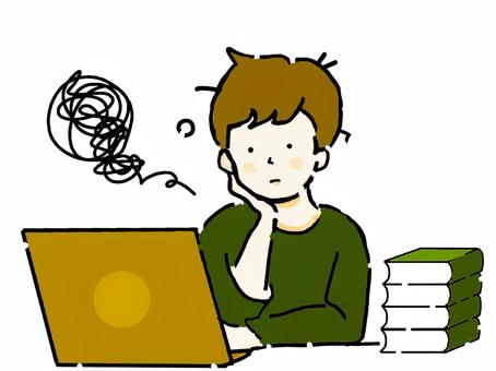 本を横に積みながらパソコンを見つめる男性 勉強,仕事,働く,学ぶ,ぐるぐる,もやもや,退屈,疲れ,疲労,サボるのイラスト素材