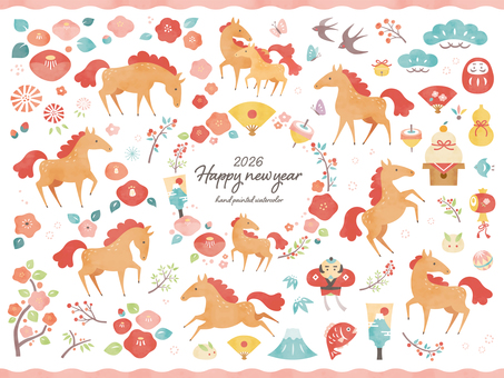 2026年午年年賀状正月ナチュラル水彩風 午年,年賀状,馬,午,正月,水彩,フレーム,手描き,2026年,枠のイラスト素材