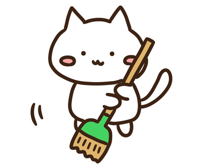 ほうきで掃除するかわいいゆるい白ねこ ほうき,掃除,はく,ねこ,クリーン,清潔,当番,学校,整理整頓,片付けのイラスト素材