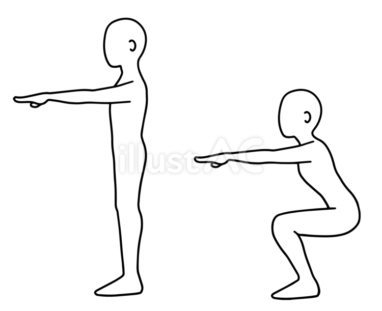 スクワットで脚を鍛える人、線画 スクワット,筋トレ,トレーニングのイラスト素材