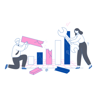 壊れたグラフを直すビジネスチーム 壊れたグラフを直すビジネスチーム 人物,男女,ビジネス,チーム,グラフ,業績,修理,故障,改善,対策のイラスト素材