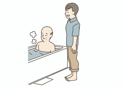 浴槽に入る高齢者の入浴介助をする介護士 入浴介助,入浴,お風呂,浴槽,介護士,介護,介助,ヘルパー,ケア,福祉のイラスト素材