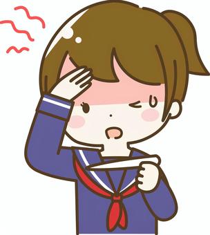 発熱　女子学生 女の子,学生,中学生,高校生,こども,発熱,熱,汗,しんどい,体調不良のイラスト素材