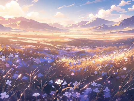 金色に輝く草原に咲く紫の可憐な花々_背景