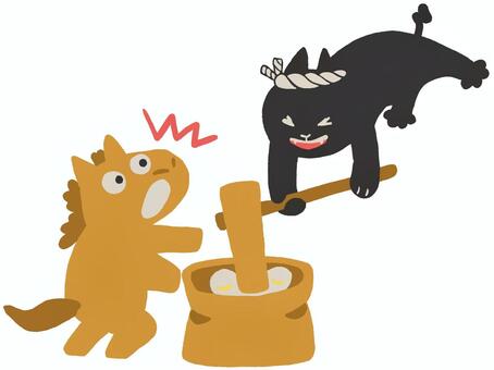 アクティブもちつき お正月,年賀状,午,手描き,もちつき,餅,猫,臼,杵,馬のイラスト素材