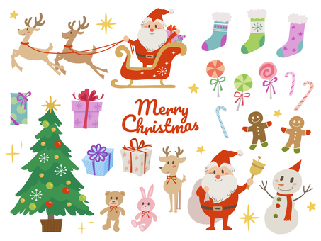 かわいいクリスマスのイラスト素材01 クリスマス,メリークリスマス,サンタ,サンタクロース,トナカイ,ソリ,プレゼント,プレゼントボックス,ギフト,ギフトボックスのイラスト素材