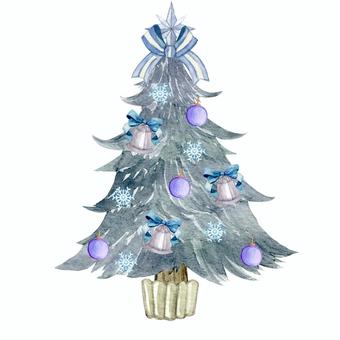 【水彩】クリスマスツリー3 ツリー,モミの樹,モミノキ,クリスマスツリー,シルバー,銀,ストライプ,リボン,星,ブルーのイラスト素材