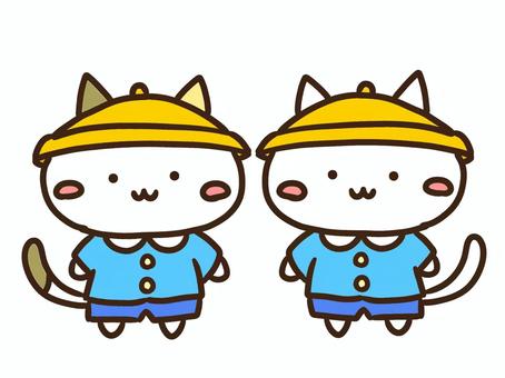保育園・幼稚園のかわいい園児ねこ・仲良し 保育園,幼稚園,園児,幼児,黄色,帽子,ねこ,かわいい,入園,卒園のイラスト素材