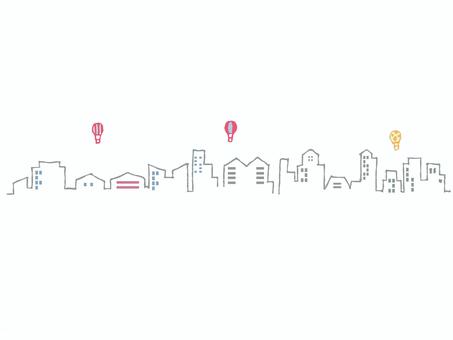 気球の飛ぶ楽しい街並み線画カラーイラスト 家,タワー,都会,建物,気球,住宅,建築物,あしらい,飾り,ベクターのイラスト素材