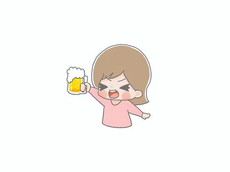 ビールで乾杯１ 手描き,女性,茶髪,ビール,ジョッキ,乾杯,飲み会,忘年会,新年会,パーティのイラスト素材