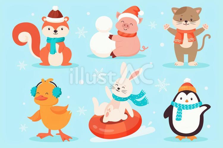 防寒具をつけた動物たちのイラストセット（アヒルやブタなど） 冬,動物,ニット帽のイラスト素材