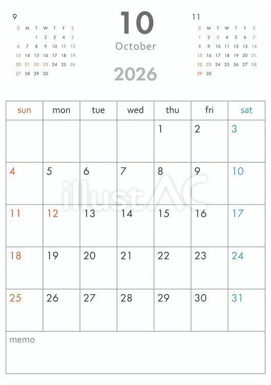 2026年10月カレンダー-縦 カレンダー,2026年,2026のイラスト素材