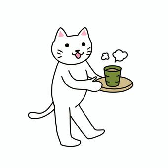 お茶を出す白猫 ねこ,白猫,動物,キャラ,ポップ,かわいい,お茶出し,お茶入れ,お茶汲み,来客のイラスト素材