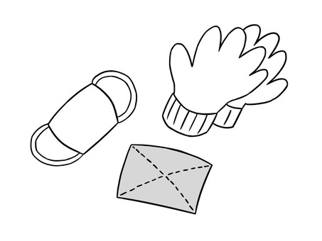 カラーお掃除3点セット（軍手マスク雑巾） 大掃除,軍手,マスク,雑巾,手描き,シンプルのイラスト素材