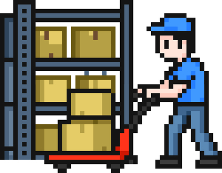 ドット絵の倉庫で働く青の作業員です。 ドット絵,作業員,シンプル,段ボール,台車,配送,運搬,荷物,引っ越し,倉庫のイラスト素材