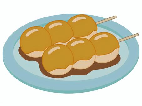 水色の皿に載ったみたらし団子　白背景 みたらし団子,みたらし,串団子,団子,餅,串刺し,和菓子,白背景,タレ,もちもちのイラスト素材