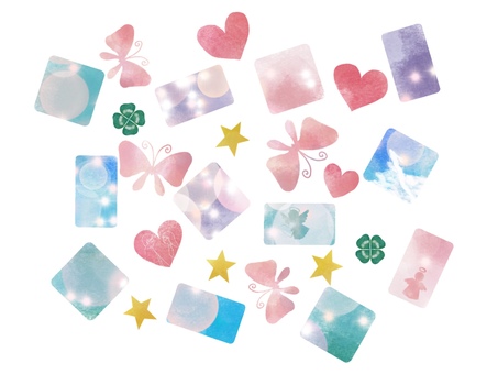 水彩風蝶々やハート 水彩風,蝶々,ハート,星,クローバー,天使,龍,ピンク色,四角枠,ランダムのイラスト素材