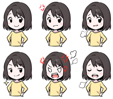 怒りや自慢等の表情で腰に手をあてる女性 呆れる,怒る,自慢,笑顔,女の子,激怒,ため息,苦笑,キラリン,ブチギレのイラスト素材