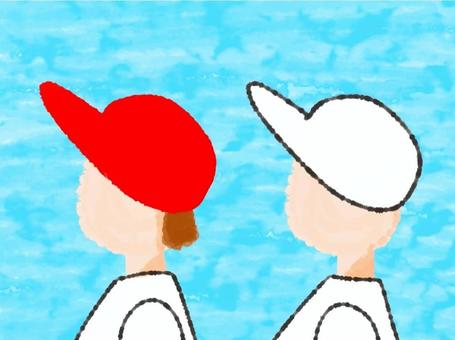 赤白帽の子供 赤白帽,子供,人物,運動会,青空,体操,水彩,学校,小学校のイラスト素材