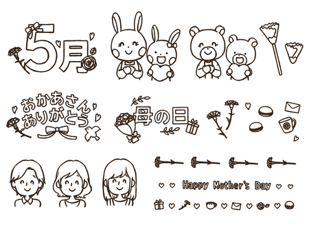 ５月のおたよりに使えるセット(太線版) ５月,ロゴ,文字,カーネーション,リボン,バラ,ウサギ,クマ,親子,子供のイラスト素材