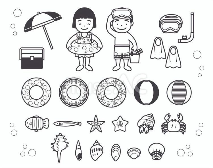 海水浴と子供　いろいろモノクロ 海,セット海,海の日のイラスト素材