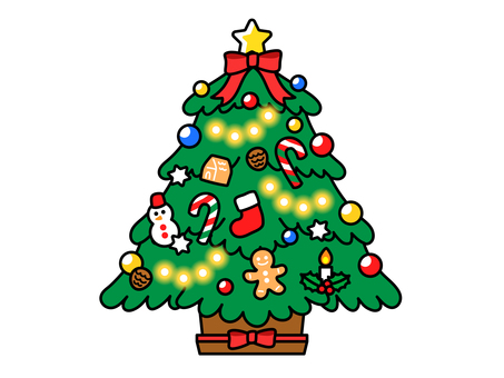 クリスマスツリー クリスマス,クリスマスツリー,オーナメント,ジンジャークッキー,リボン,飾り,モミの木,電飾,キャンディーケイン,柊のイラスト素材