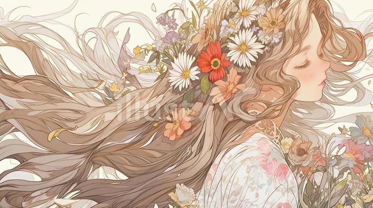 花と女性の幻想的なイラスト＿アニメイラスト - No: 24037158