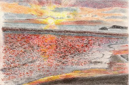 土肥の海岸の夕陽 土肥,静岡県,伊豆市,西伊豆,伊豆半島,駿河湾,太陽,海,夕日,島影のイラスト素材