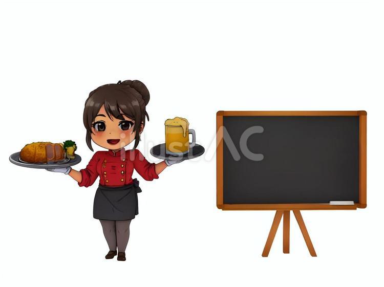 生ビールとんかつ揚げ物肉料理店員販促黒板 レストラン,肉料理,女性のイラスト素材