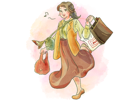 水彩風・買い物でご機嫌な女性 人物,人,女,女性,女の子,女の人,全身,スキップ,嬉しい,買い物のイラスト素材