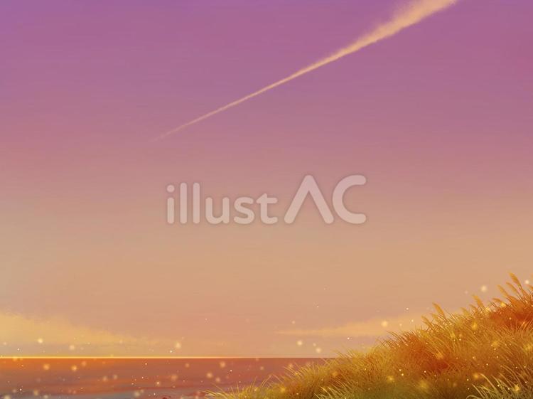 ノスタルジアな記憶【8】光と潮風の断片 夕焼け,飛行機雲,海のイラスト素材