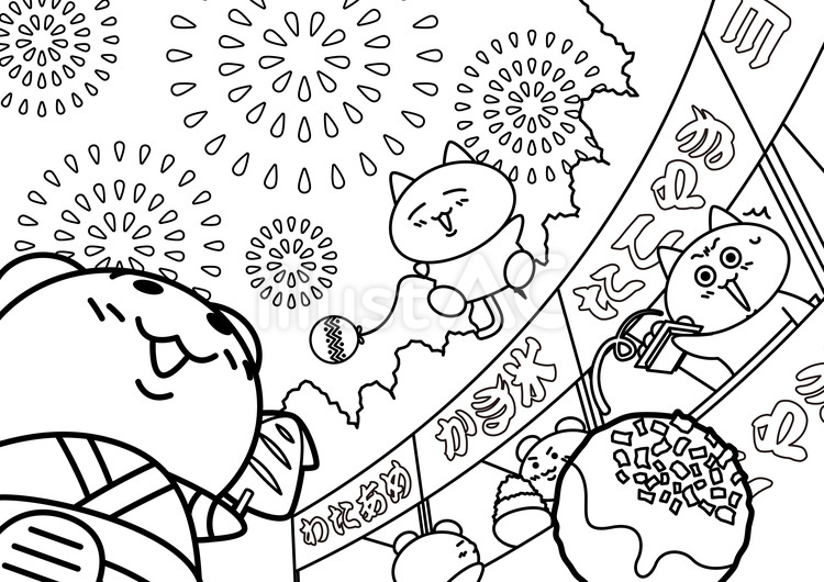 ぬりえ「夏祭り」 ぬりえ,花火,夏祭りのイラスト素材