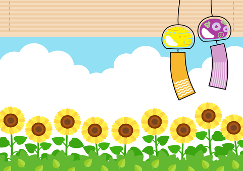 ひまわりと風鈴とすだれの夏の背景素材01 ひまわりと風鈴とすだれの夏の背景素材01 ひまわり,夏,風鈴,空,雲,すだれ,風景,自然,季節,背景のイラスト素材