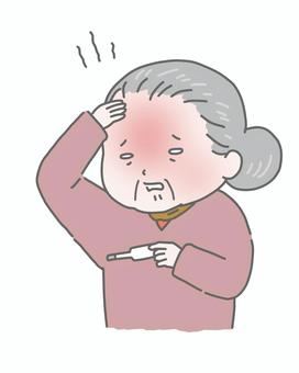 発熱して体温を測るおばあさん 高齢者,シニア,女性,冬,冬服,発熱,風邪,体温計,体温測定,病気のイラスト素材