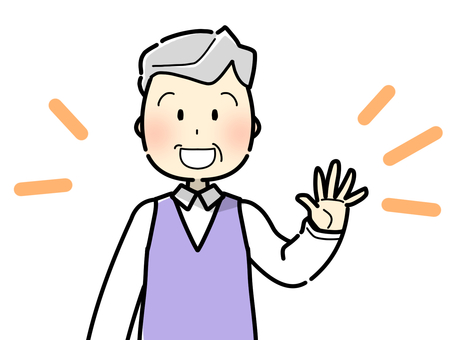 手を上げる笑顔のおじいさん 上半身,おじいさん,挨拶,老人,高齢者,祖父,シニア,年寄り,白髪,高齢のイラスト素材