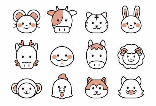 十二支のアイコン一覧　単色 十二支,干支,動物,正面,顔,アイコン,一覧,セット,子,ねずみのイラスト素材