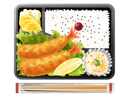 エビフライ弁当2 エビフライ,弁当,昼食,料理,食べ物,エビ,揚げ物,ご飯,梅干し,ごまのイラスト素材