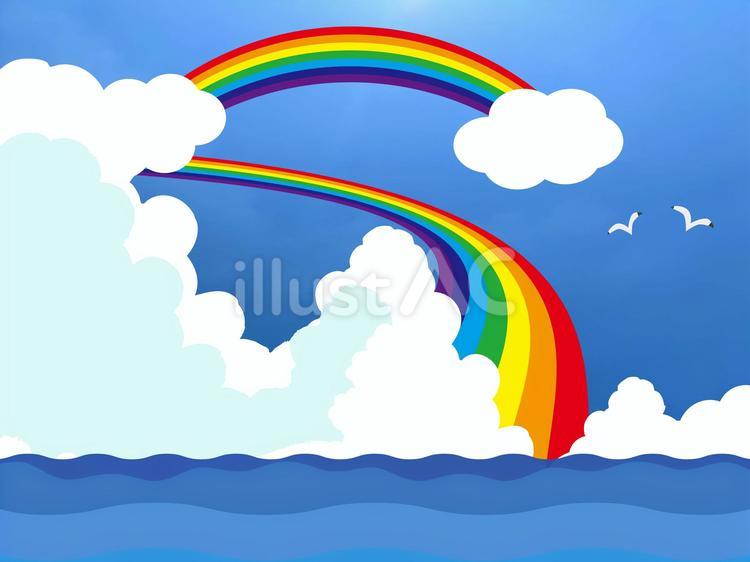 夏の海3と虹 青空,入道雲,波のイラスト素材