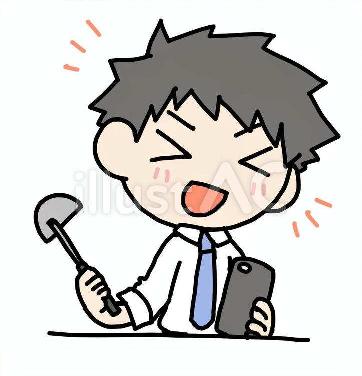 スマホを見ながら笑顔で調理する男性 調理,料理,スマホのイラスト素材